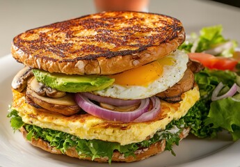 Delicious breakfast sandwich stacked with egg, avocado, mushrooms, onion, lettuce, and toasted bread served on a white plate with fresh salad on the side