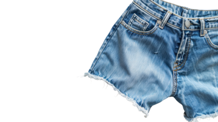 Light blue denim shorts with frayed edges on transparent background
