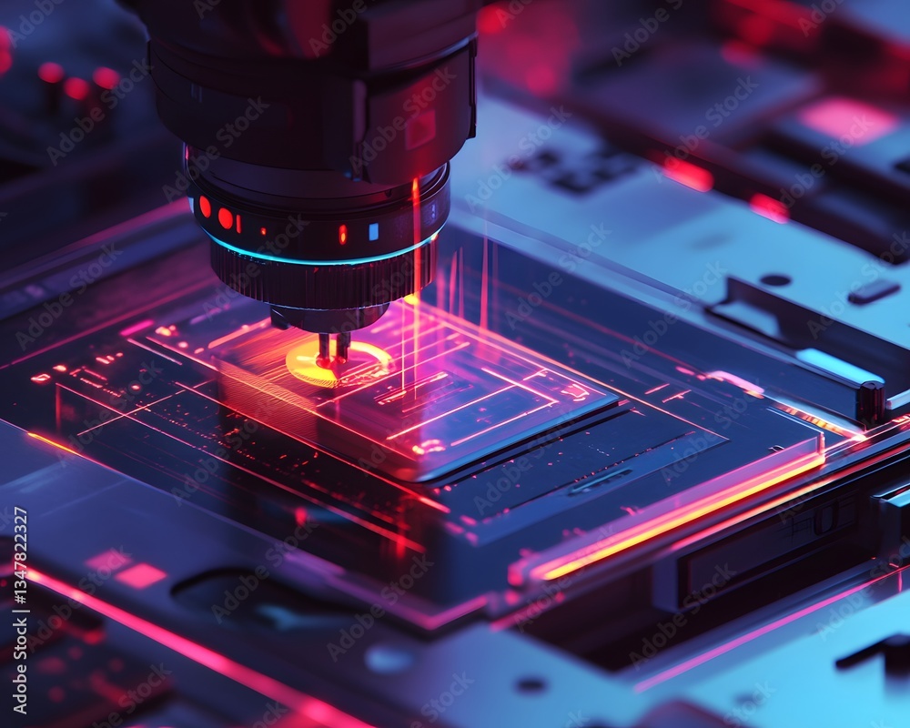 Poster a close-up view of a high-precision machine working on microelectronics, showcasing intricate detail