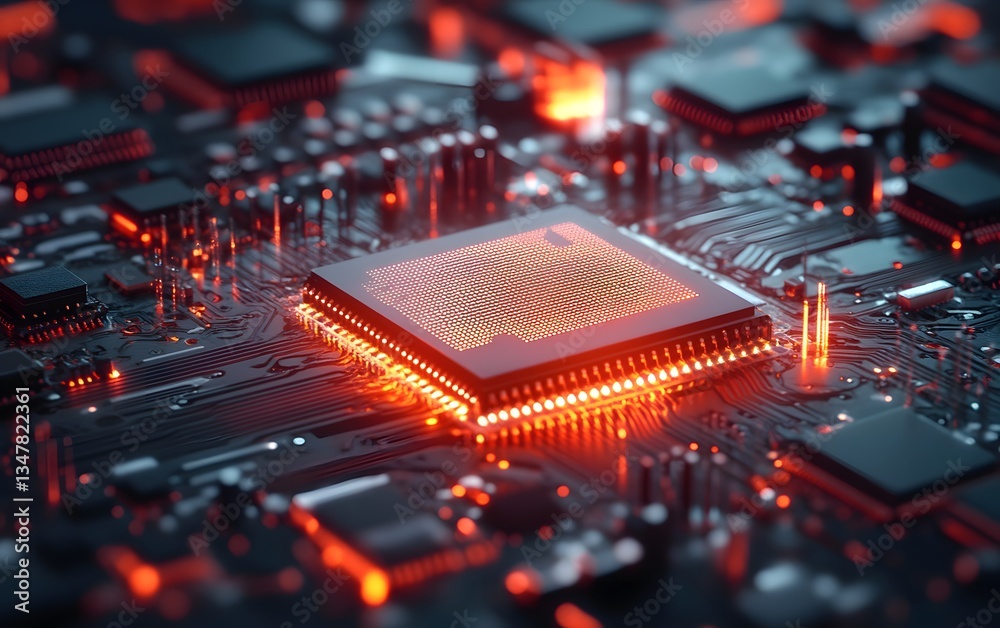 Poster a close-up view of a microchip surrounded by intricate circuit patterns, showcasing innovative techn