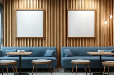 Two blank framed pictures above matching blue sofas and tables
