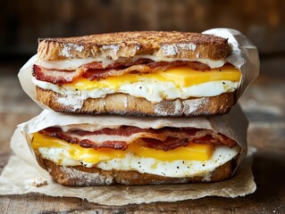 Delicious breakfast sandwich with crispy bacon, sunny-side-up egg, and melted cheese on toasted bread wrapped in parchment paper