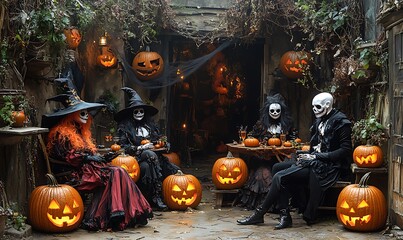 Group of People in Halloween Costumes Enjoying Drinks in a Spooky Garden Setting