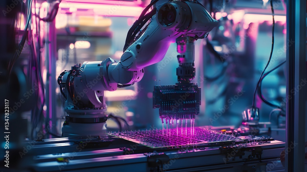 Poster a futuristic robotic arm operates in a high-tech laboratory environment, showcasing advanced automat
