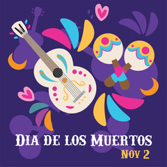 Obraz premium Colorful Mexican guitar and maracas for Dia de los Muertos. Vector
