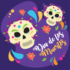 Decorative skulls with Dia de los Muertos flowers. Vector