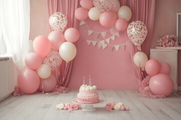 Festive Pink Birthday Celebration Setup with Balloons and a Beautiful Cake in a Cheerful Room