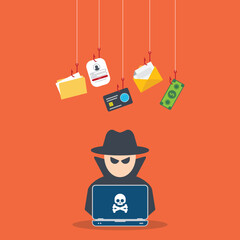 Hacker with laptop computer stealing confidential data, personal information and credit card detail. Hacking concept.	