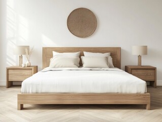 A beautifully designed bedroom with wooden furniture and white bedding