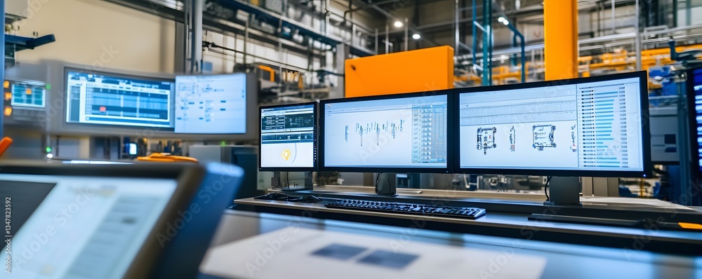 Poster a modern industrial workspace featuring multiple monitors displaying data and analytics