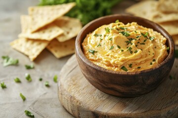 Orange Appetizer Dip Garnished with Parsley in Wooden Bowl Served with Crispy Chips and Fresh Greens on a Wooden Board