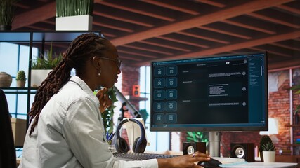 Student at home using AI LLM chatbot software to get help with solving homework. Girl requesting...