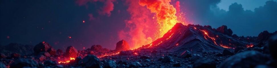 Fototapeta premium Magma of red and blue fire erupts from a black volcanic rock, radiating an otherworldly energy, blazing inferno, volcanic rock