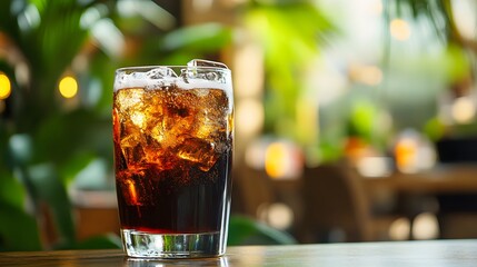 A refreshing glass of dark soda filled with ice, set against a vibrant and lush plant backdrop, perfect for capturing the essence of a relaxed, modern beverage experience.