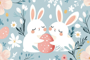 Obraz premium Two white easter bunnies hugging a decorated egg surrounded by flowers