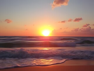 Stunning Beach Sunset Ocean Waves, Clouds, and Golden Sunlight at Dusk, Peaceful Coastal Scene.