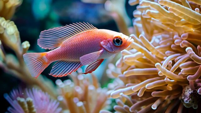 A vibrant coral reef scene featuring a graceful anthias fish swimming