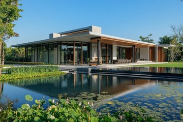 Obraz premium A modern house beside a reflective pond and landscaped surroundings