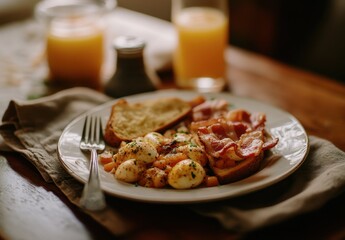 Delicious breakfast with scrambled eggs, crispy bacon, toast, and fresh orange juice served on a rustic table setting for a cozy morning experience