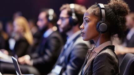 Photorealistic image of a translator interpreting live discussions in a global conference setting with headphones
