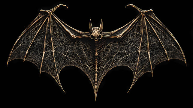 Closeup of bat wing skeleton with detailed veins on a black background. Phantom Veins. Illustration