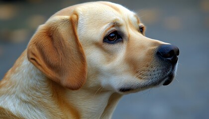 A beautiful light colored dog looking intently toward the right