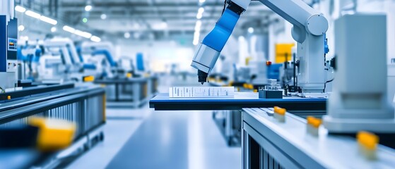 High-tech robotic arm in a modern manufacturing facility, showcasing automation and precision in production.