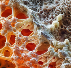 Porous Tan Abstract Microscopic Structure with Red Inclusions