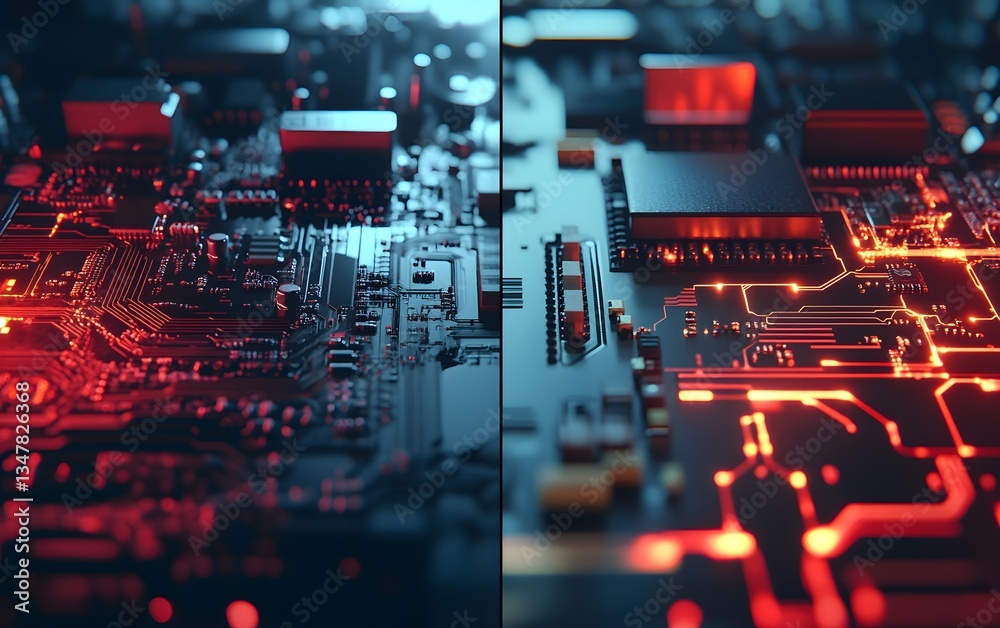 Poster this image features a close-up view of a modern circuit board with intricate designs. the vibrant re