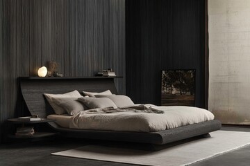 A modern bedroom displays a bed with pillows and a lamp