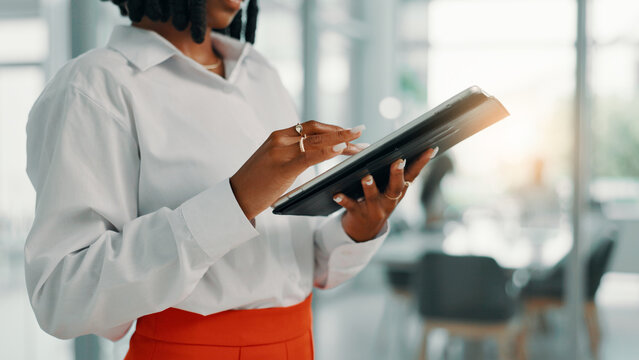 Hands, woman and tablet in office for business, scroll email and website for wealth management. Digital technology, internet and financial advisor on app for investment review, profit and schedule