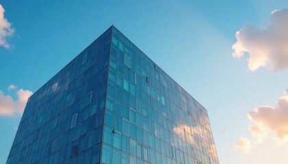 Modern office building on a serene blue sky background with a few scattered clouds and a slight sunset hue , office space, architecture, clouds