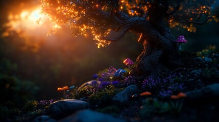 Enchanted Forest Under Golden Sunset Glow Featuring Fantasy Mushrooms