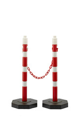 Red and White Barrier Posts with Chain for Crowd Control in Public Spaces