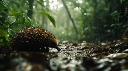 Western Long Beaked Echidna meandering through post rainfall rainforest spine glistening tiny water droplet damp earth teems life creating ideal foraging ground scene rich deep green soft ambient