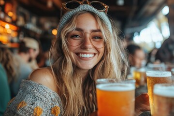 Smiling woman with beanie, glasses, and beer.