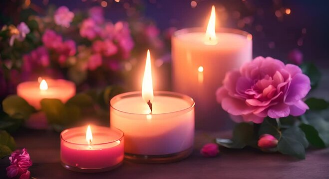 Glowing candles illuminate the evening as vibrant flowers adorn the festive atmosphere 4K