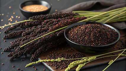 close-up of dark-colored finger millet (ragi) grains, both in their whole-grain form and as hulled seed, arranged on a dark wooden surface. 