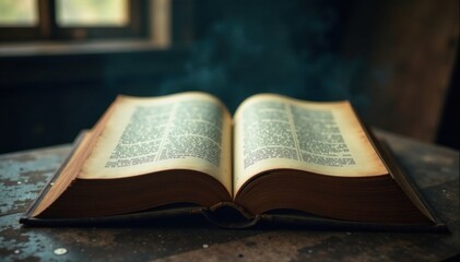 Obraz premium Mysterious old book in a dusty, dimly lit room, dark, study