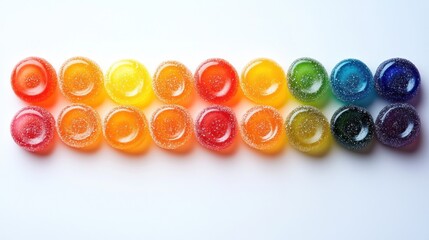 Colorful rainbow hard candies arranged in a horizontal row