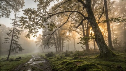 Misty forest path at sunrise with golden sunlight