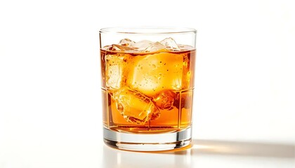 Refreshing Whiskey Drink with Ice Cubes in a Glass on White