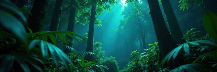 Fototapeta premium neon green and blue light emitting from tropical leaves in a forest, foliage, environment