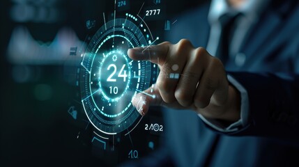 
"Businessman Touching Virtual 24-7 Icon for Worldwide Nonstop, Full-Time Available Contact, Representing Customer Service Concept and Assistance in a Global, Always-On Environment