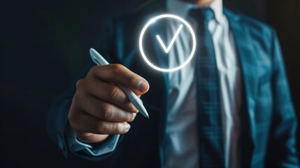 Businessman Using Pen to Make Virtual Tick or Correct Sign Mark on Digital Screen, Representing Successful Decision Making and Professional Business Tasks in a Modern Digital Workspace