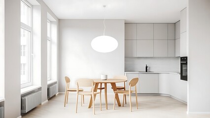 Serene Minimalist Dining Space Bathed In Soft Light, Featuring A Light Oak Dining Table And Chairs, Under A Large Pendant Light, In A Bright Airy Room With Large Windows
