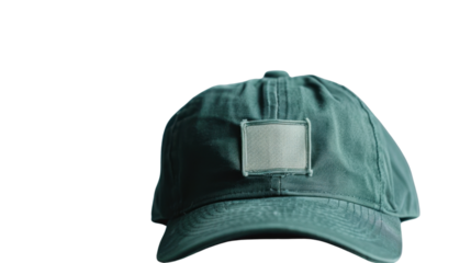 Green baseball cap with blank label on transparent background for mockup