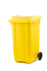 Bright Yellow Plastic Trash Bin with Wheels: A Convenient Solution for Waste Management and Recycling at Home or Office, Ideal for Daily Use in Cleanliness and Organization