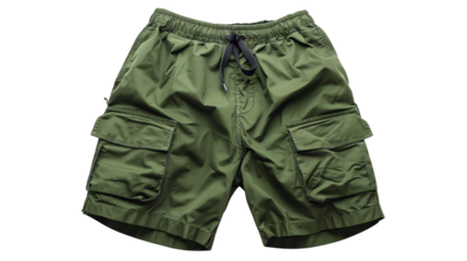 Khaki cargo shorts isolated on transparent background featuring drawstring and multiple pockets