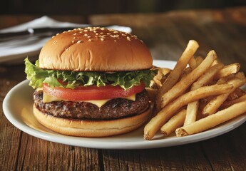 Delicious hamburger with fresh lettuce, tomato, and cheese served with crispy golden French fries on a rustic wooden table setting